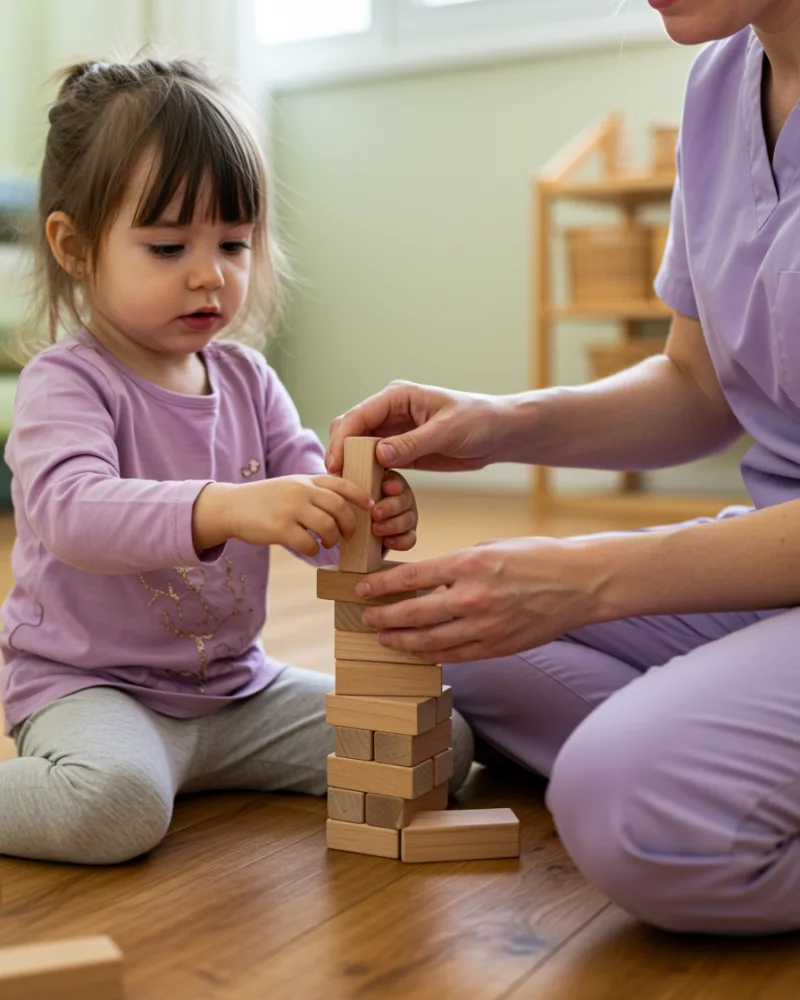 Niña pequeña trabajando la motricidad fina en sesión de terapia ocupacional en Mimos Desarrollo Integral, Sada, A Coruña