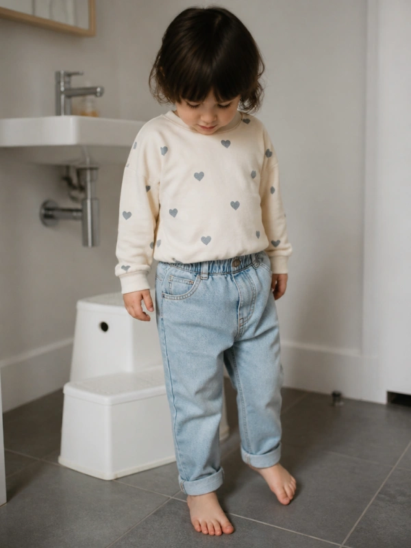 Niña pequeña en entorno de baño durante proceso de control de esfínteres — Mimos Desarrollo Integral, Sada, A Coruña