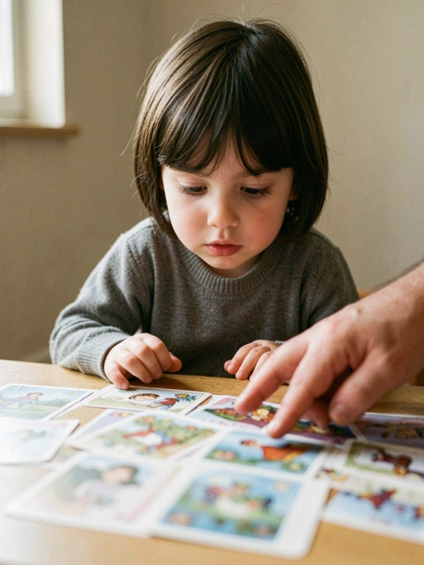 Niña trabajando comunicación con pictogramas en sesión de terapia ocupacional — Mimos Desarrollo Integral, Sada, A Coruña